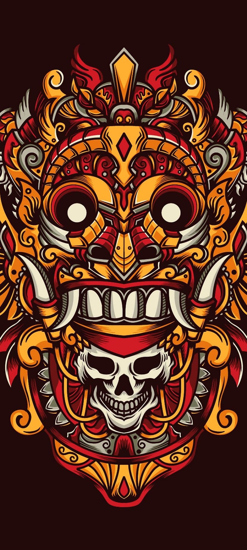 Barong skull mask with sharp fangs and yellow eyes features intricate red and gold tribal scrollwork carvings.