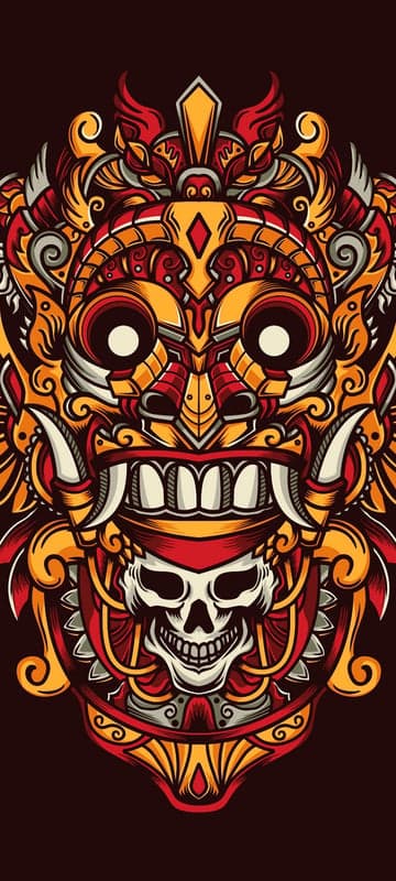 Scary Demon Skull Mask with Red and Yellow Ornate Details