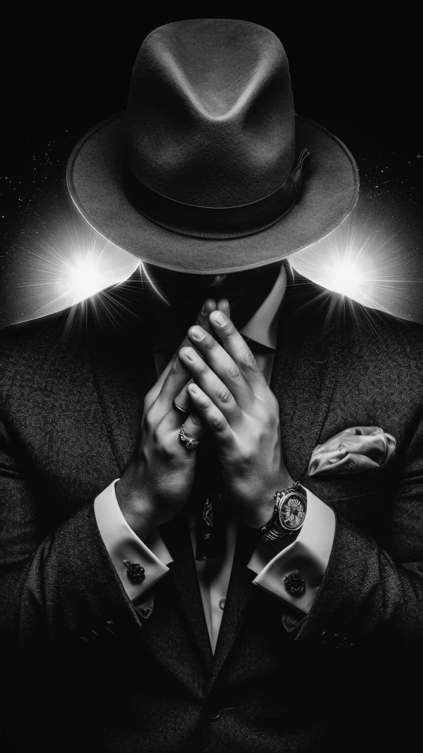 Man in a fedora and suit with hands clasped in prayer, featuring jeweled cufflinks and dramatic side lighting.