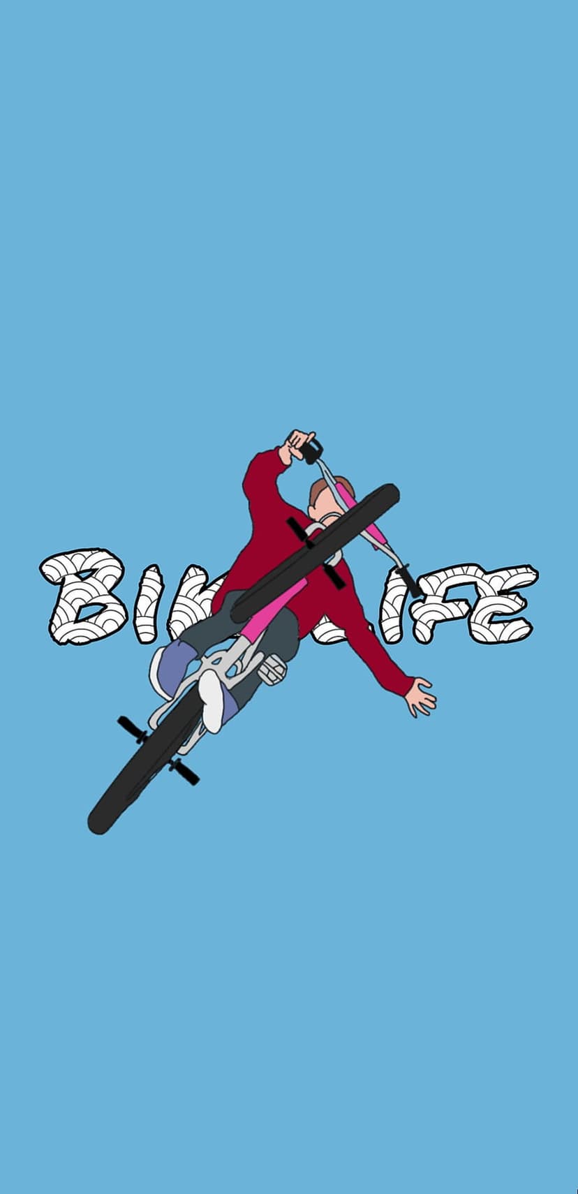 BMX cyclist performing a mid-air trick above stylized Bike Life text against a solid vibrant blue background.