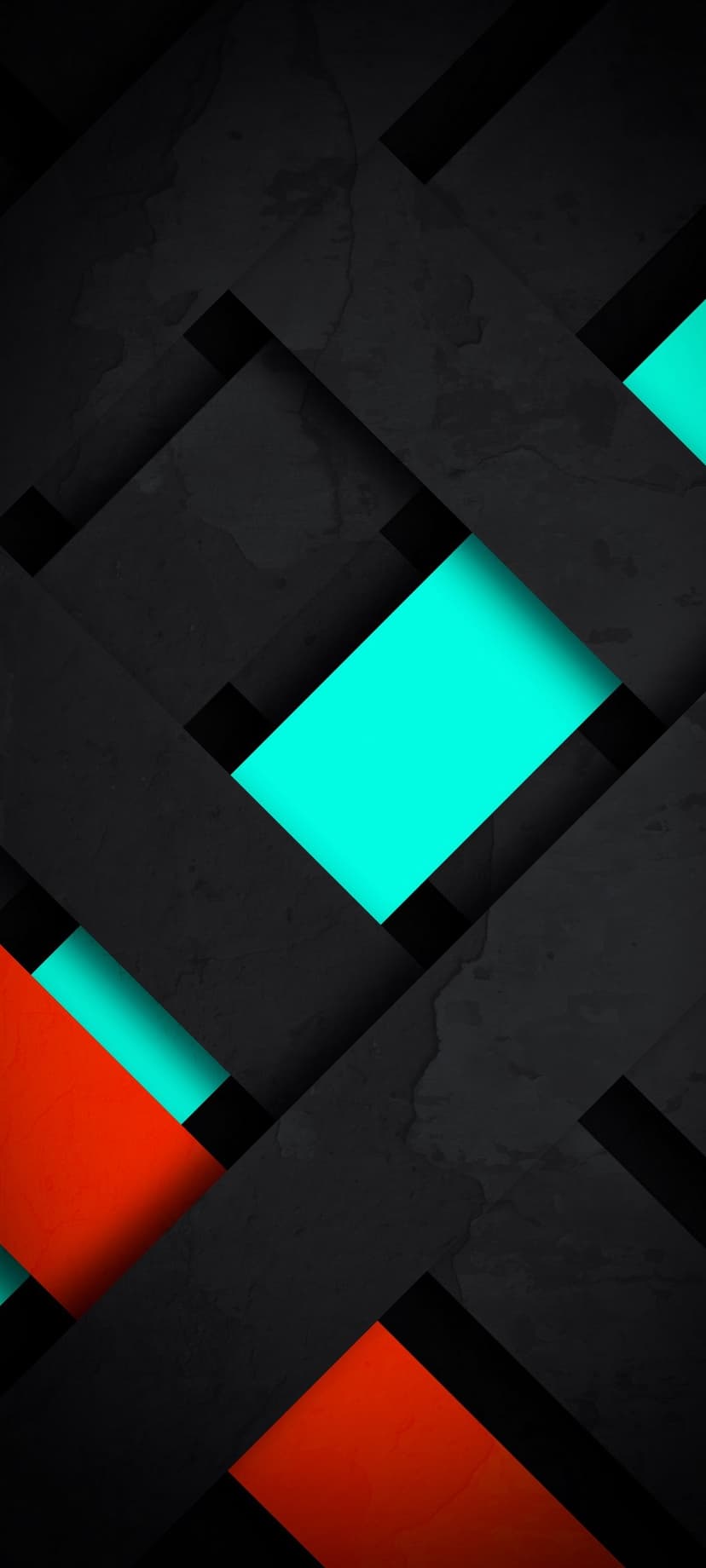 Overlapping matte black bands accented by cyan and amber rectangles over a grainy charcoal surface pattern.
