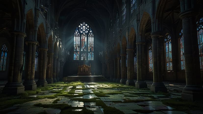 Sunbeams stream through a rose window onto mossy stone floors and tall columns inside a ruined Gothic cathedral.