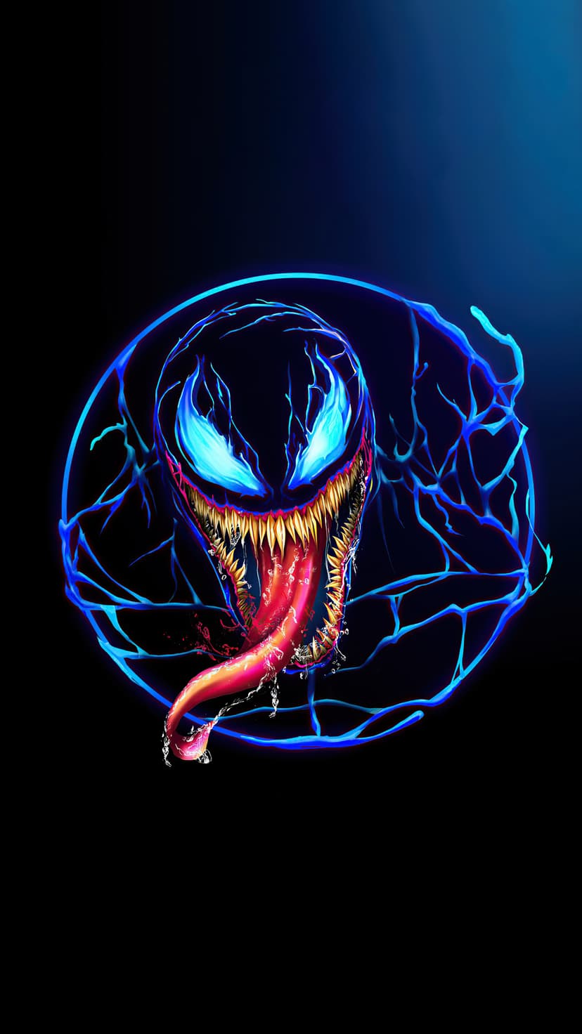 Menacing symbiote visage featuring electric blue neon outlines, jagged fangs, and a long red dripping tongue.
