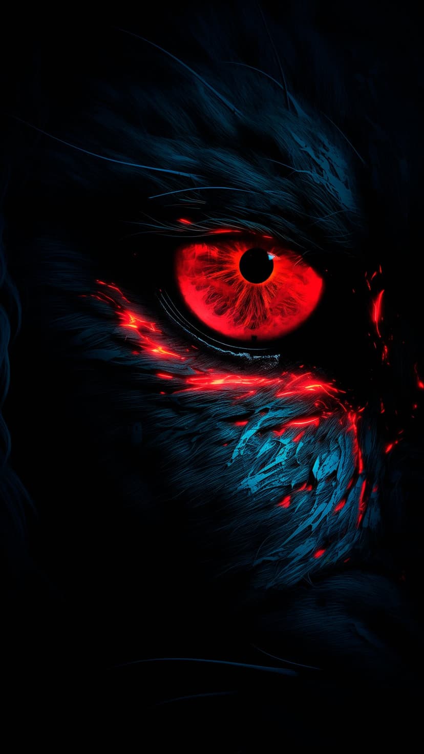 Fiery crimson eye of a creature surrounded by dark feathers with subtle electric blue light and glowing embers.