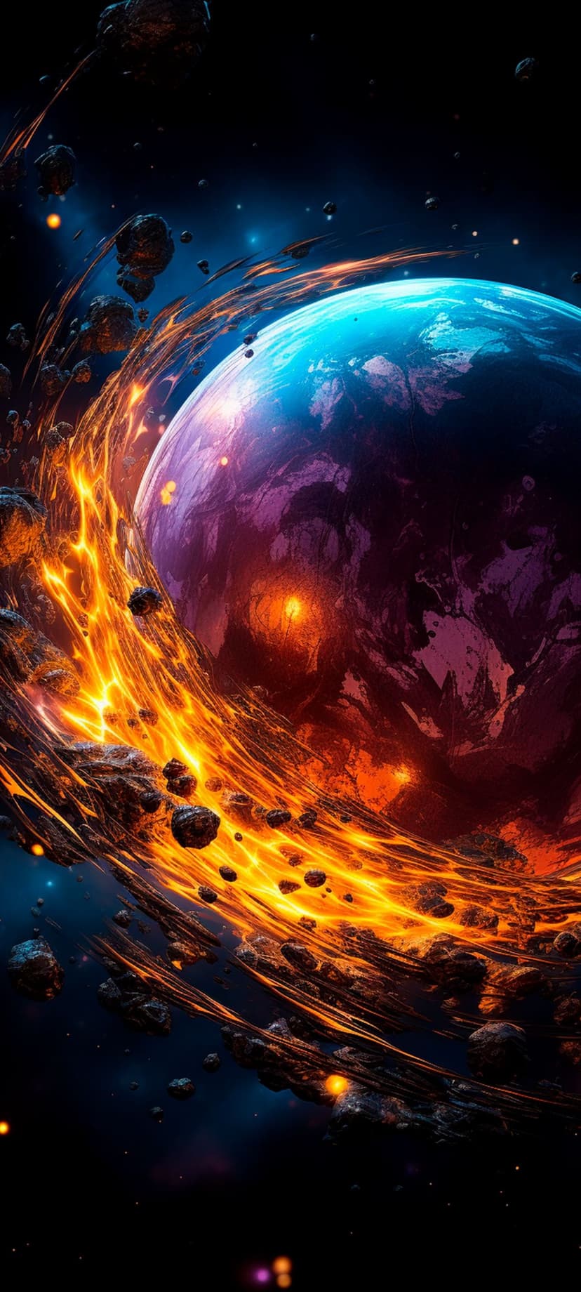 Glowing blue planet surrounded by a spiraling ring of molten orange asteroids and celestial debris in deep space.