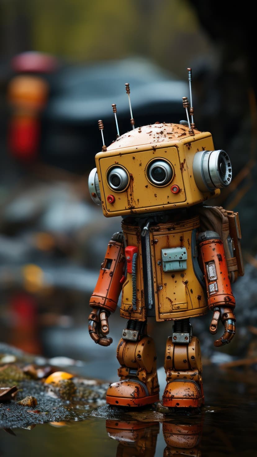 Yellow rusty robot with a backpack stands in reflective shallow water on mossy stones with a bokeh background.