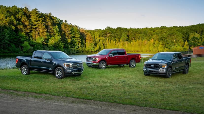 Three Ford F-150 pickup trucks in blue, red, and grey parked on a green field near a lake and forest.