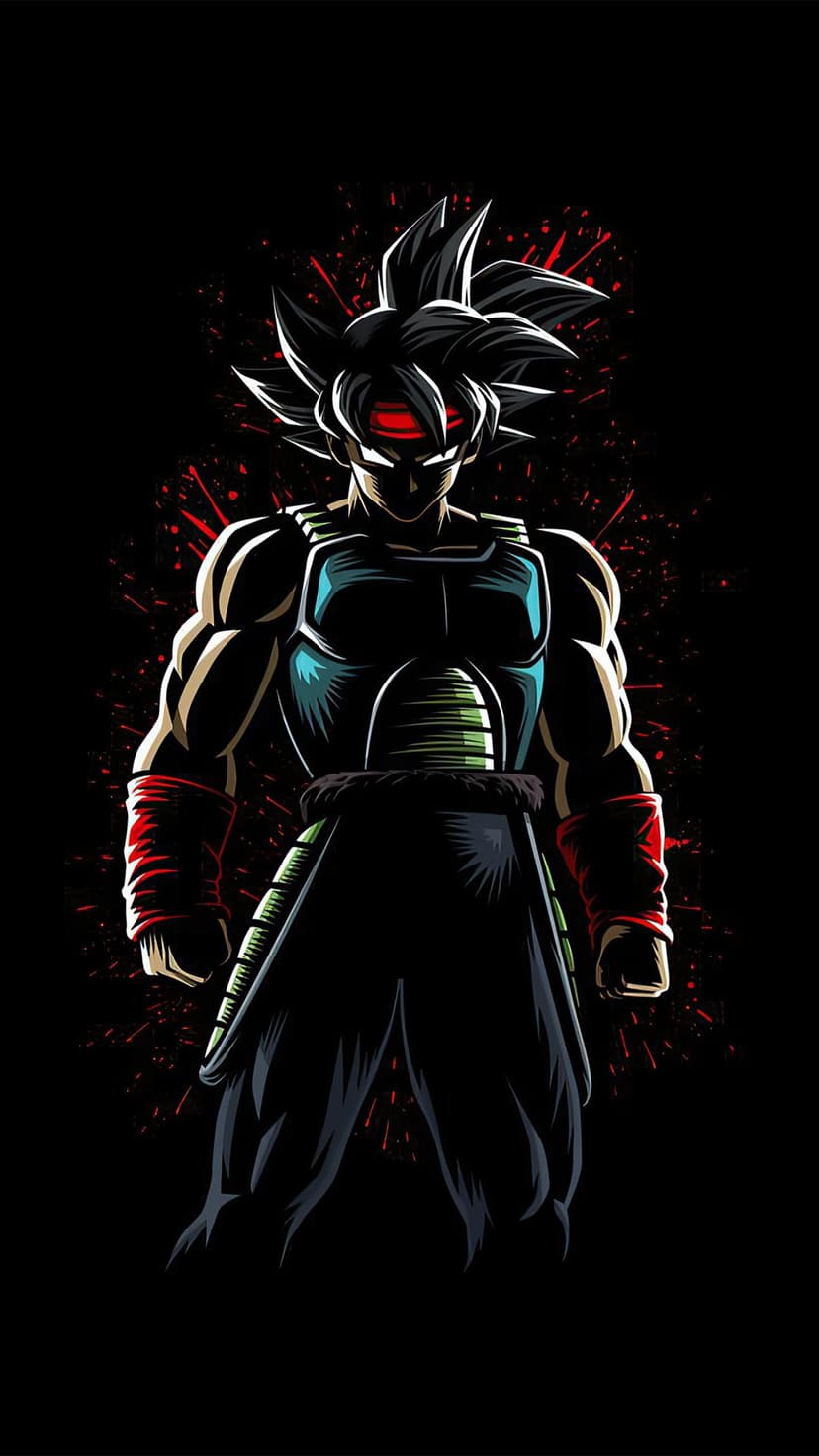 Bardock in Super Saiyan form with glowing red eyes and battle armor stands against a dark, shadowed background.