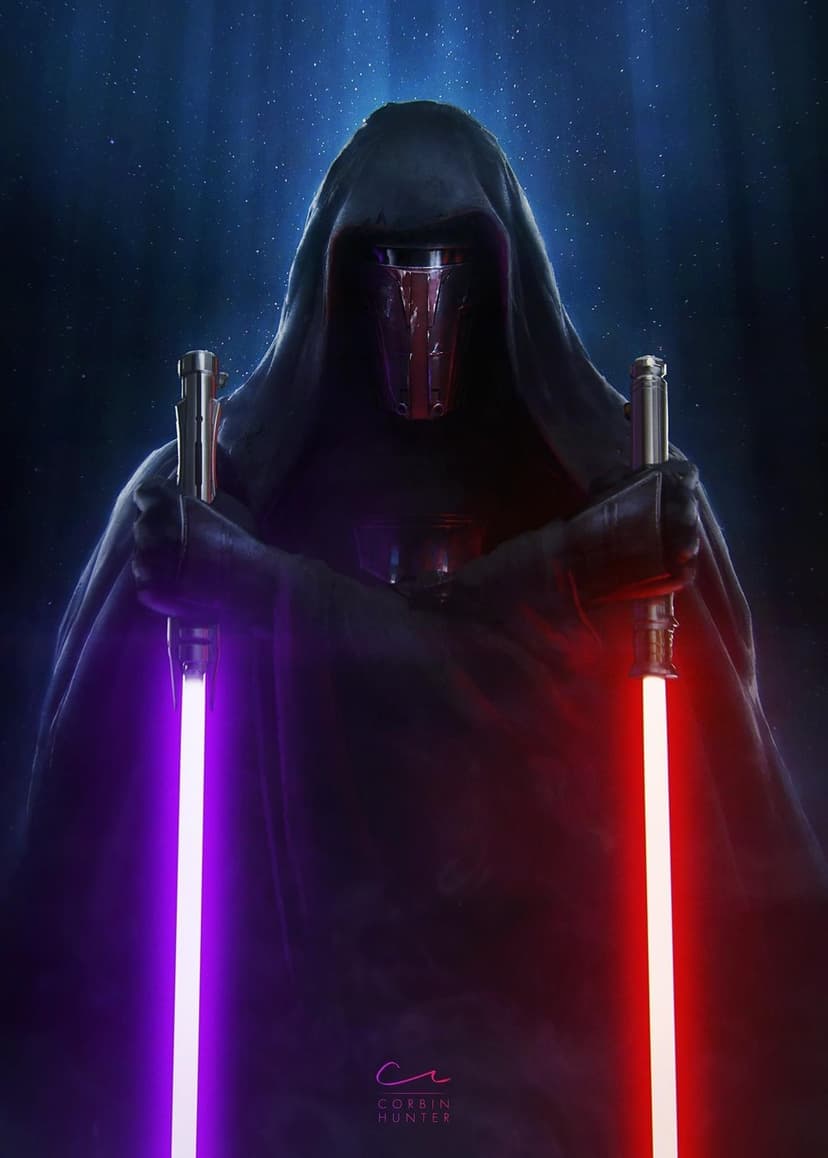 Darth Revan wearing a dark hood and mask holding purple and red lightsabers against a starry background.