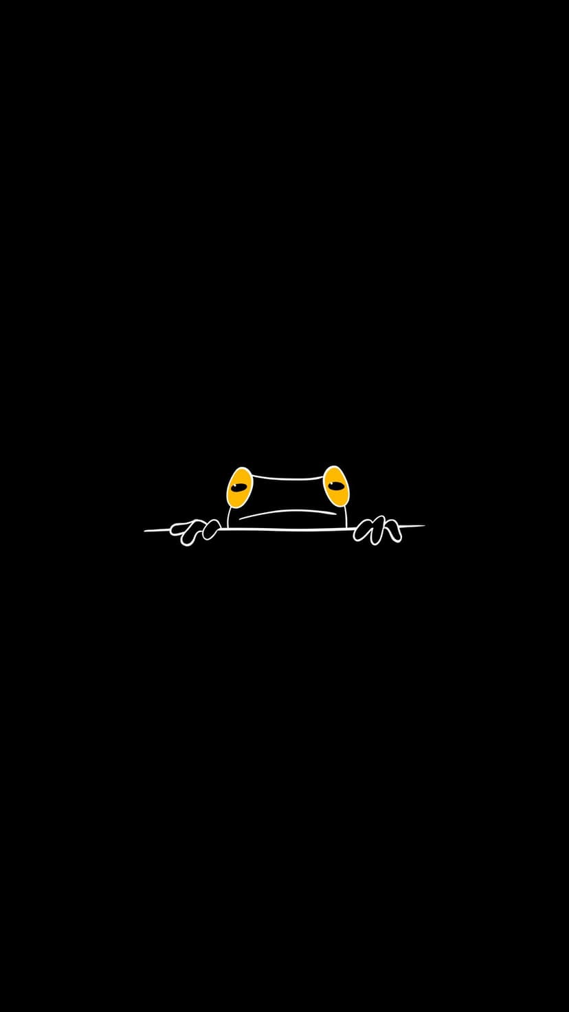 Cartoon tree frog with big yellow eyes and a white outline peeking from behind a solid black background.