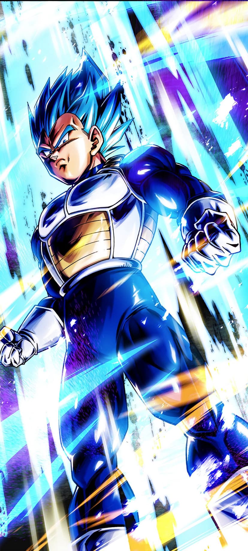 Vegeta stands in a fighting pose with blue spiky hair and armored suit amidst glowing energy beams and sparks.