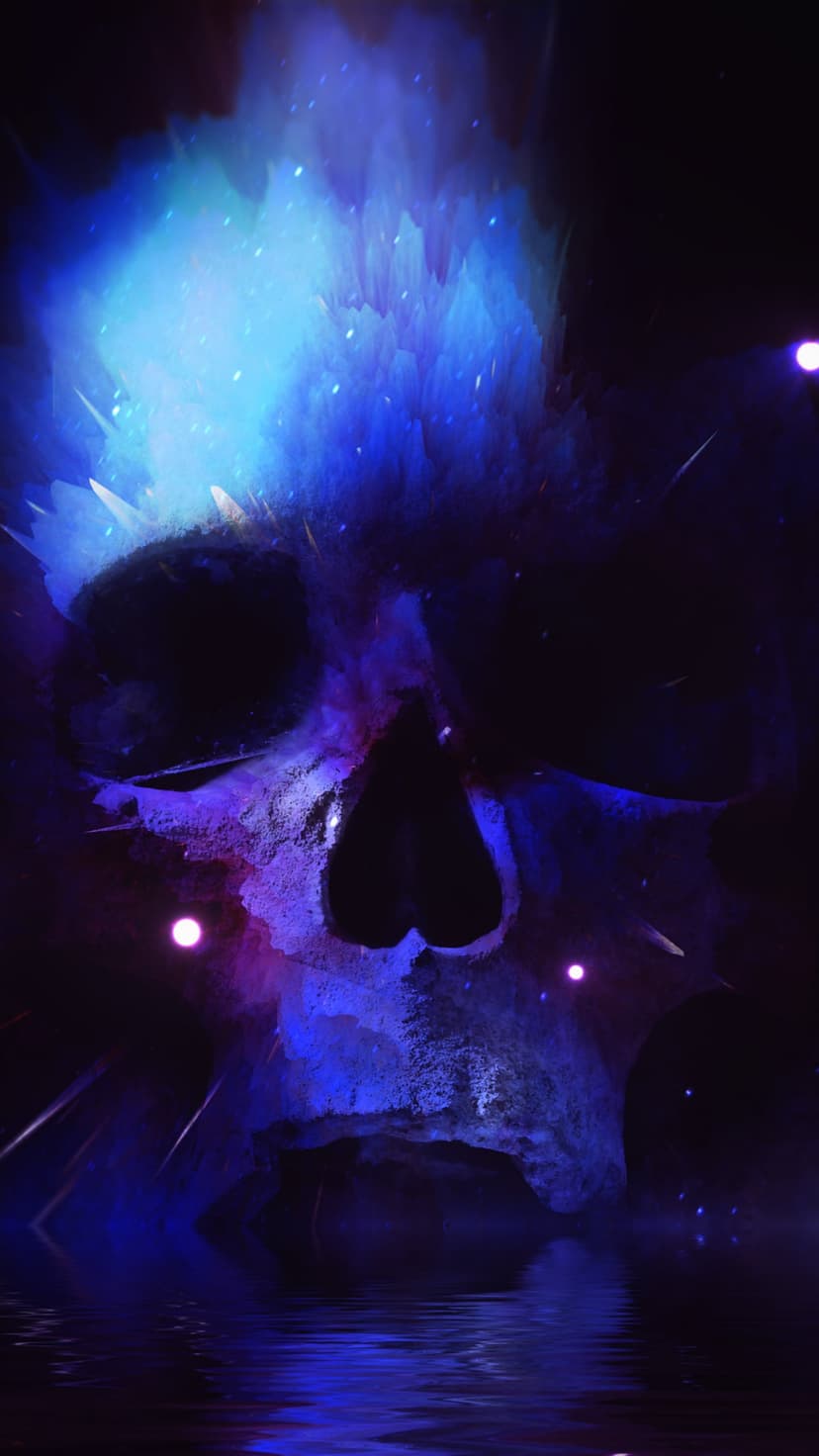Blue glowing skull with hollow eyes floating over dark reflective water against a purple starry nebula background.