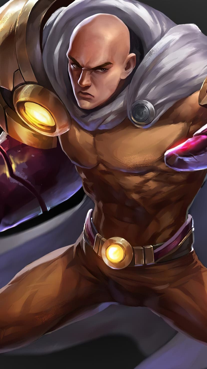 Muscular bald hero with glowing gauntlets and an intense expression against a dark, energetic background.