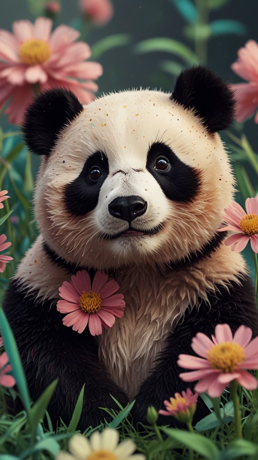 Baby panda cub with dark eyes sits among pink flowers and green grass with a single blossom on its chest.
