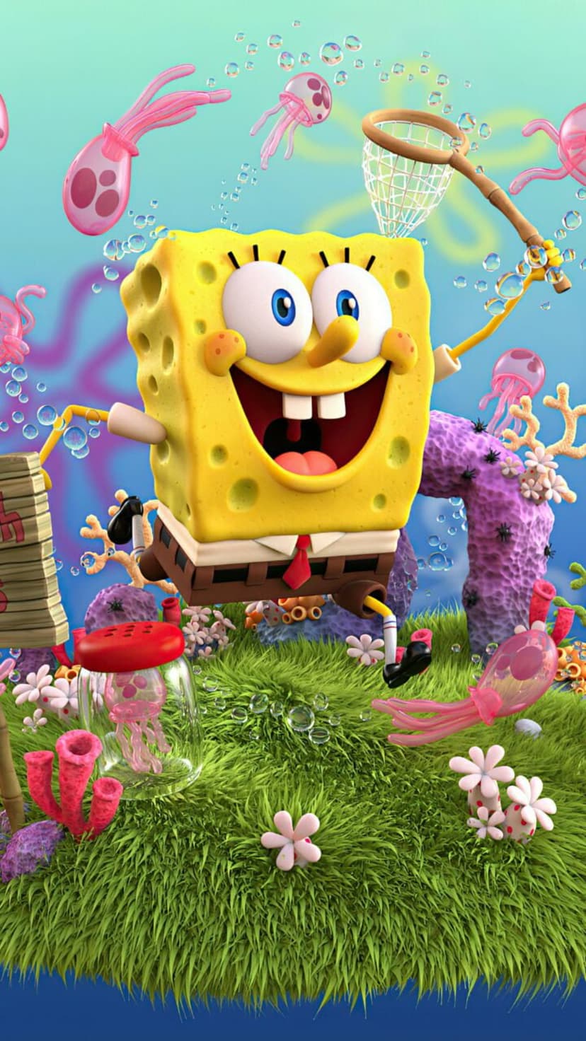 SpongeBob SquarePants holds a net while leaping through pink jellyfish and green sea grass in Bikini Bottom.