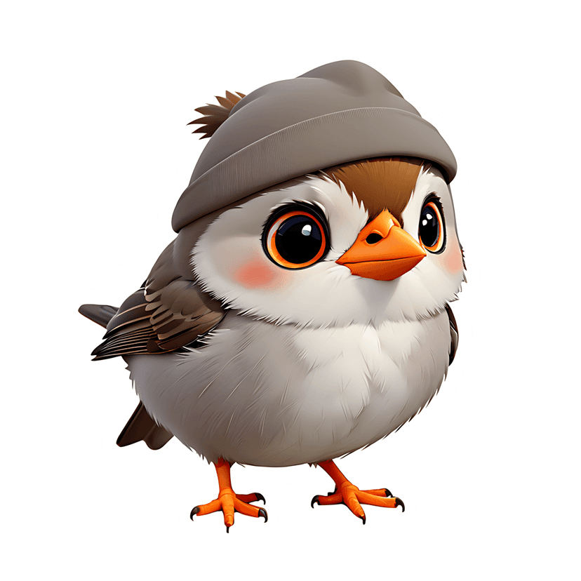 Gray sparrow digital illustration wearing a winter beanie hat with fluffy white feathers and orange beak.