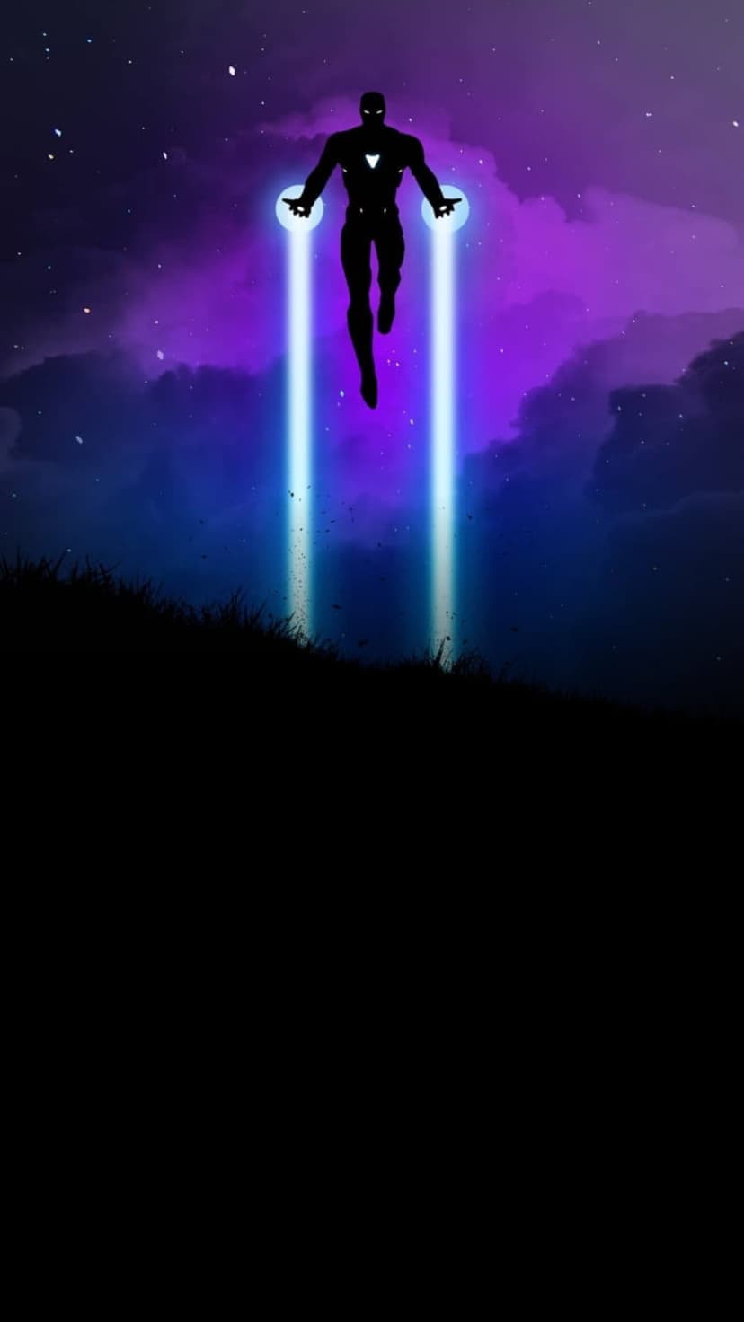Iron Man hovers in a purple nebula, firing blue repulsor beams above a dark silhouetted hill at night.