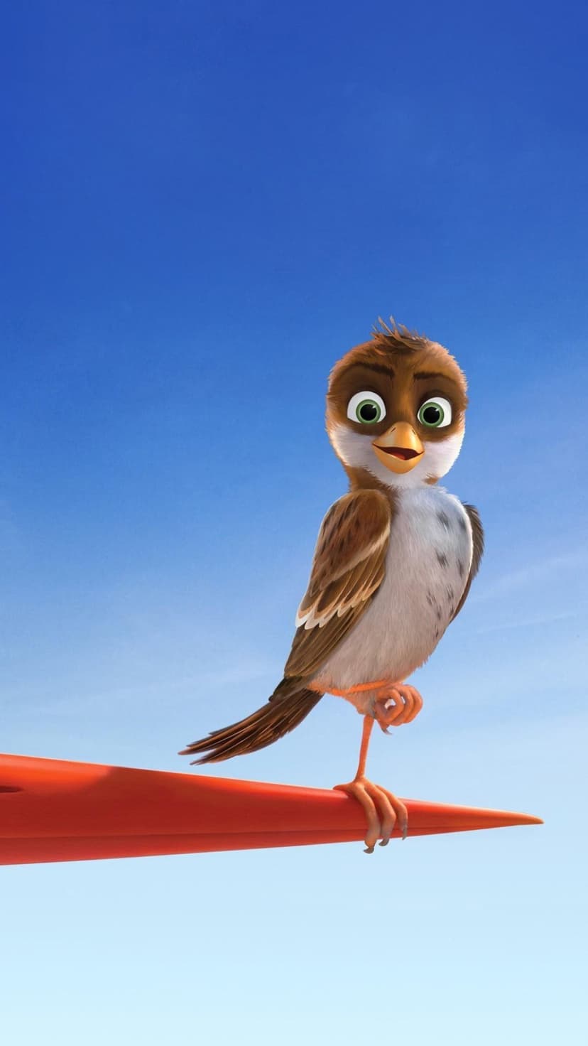 Sparrow with large green eyes and brown feathers perches on a red surface against a clear blue sky.