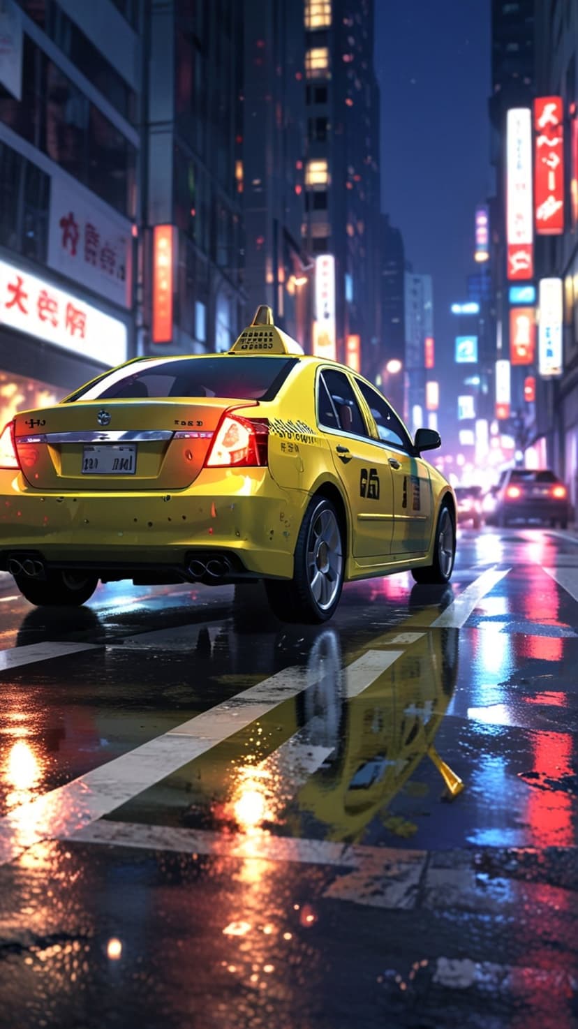 Yellow taxi cab drives on a wet asphalt road at night surrounded by glowing neon signs and colorful reflections.