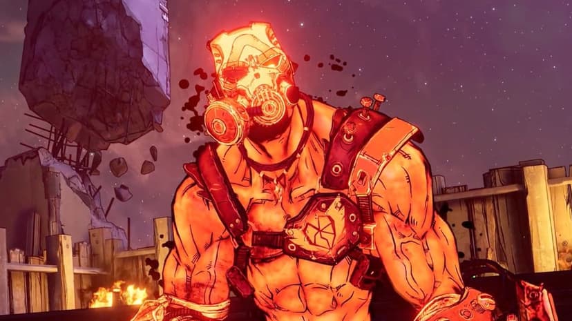 Muscular Psycho bandit with a glowing red mask and shoulder bolts in a chaotic post-apocalyptic wasteland scene.
