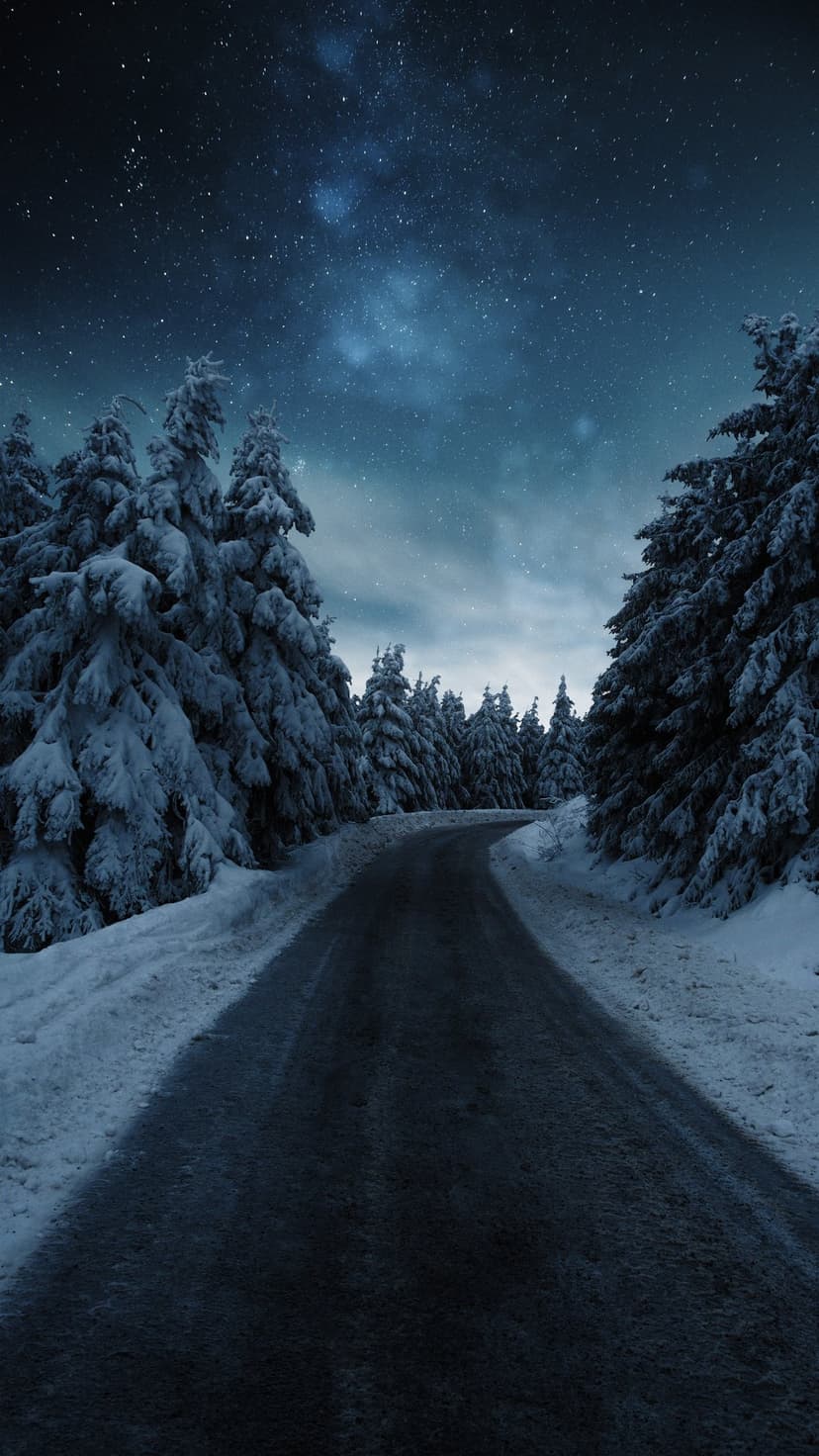 Winding asphalt road through snow-covered pine trees under a starry night sky with purple and blue nebulae.