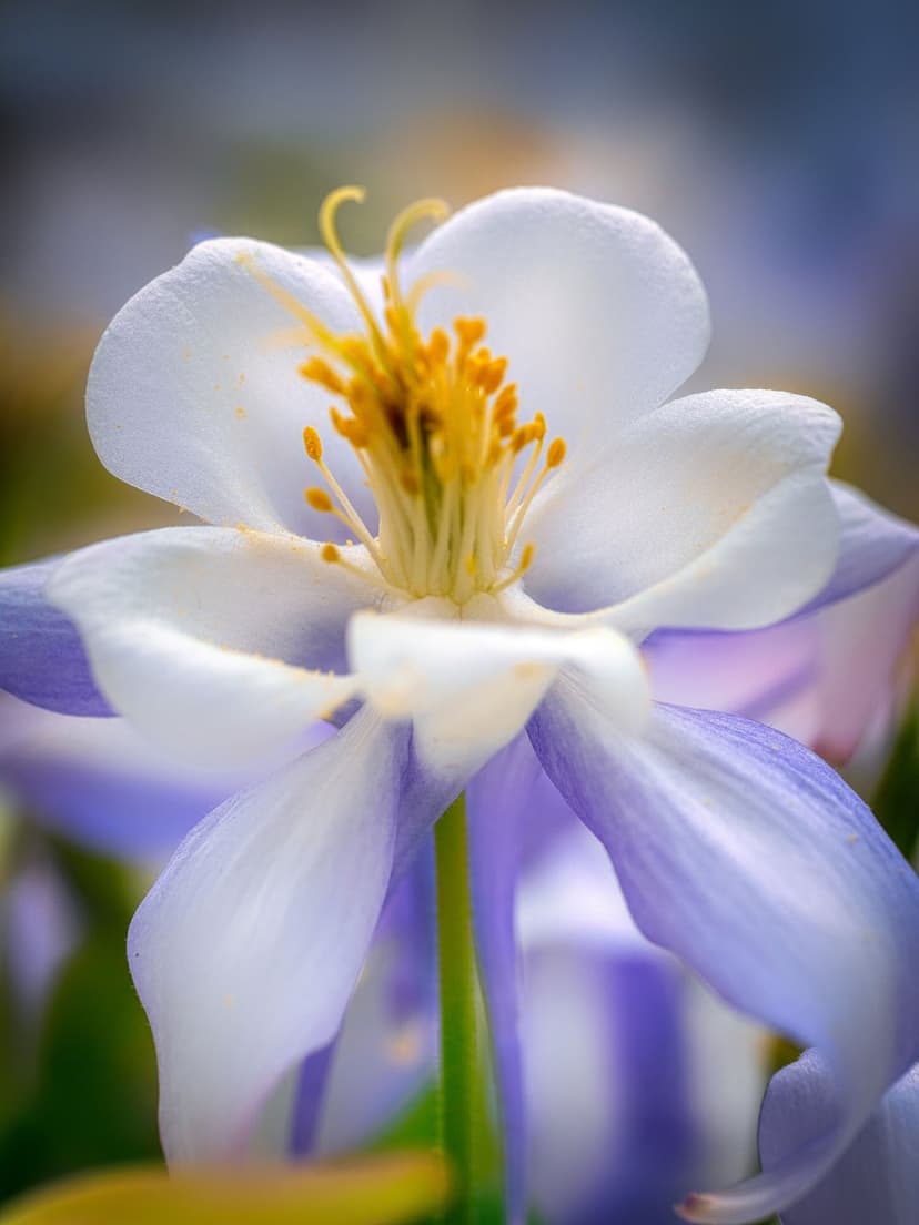 Columbine flower with spurred purple petals and yellow stamen sits before a soft green bokeh background.