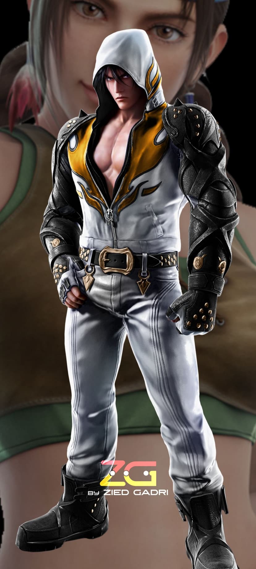 Jin Kazama in a white and gold hooded jacket with leather pauldrons and flame designs against a dark backdrop.