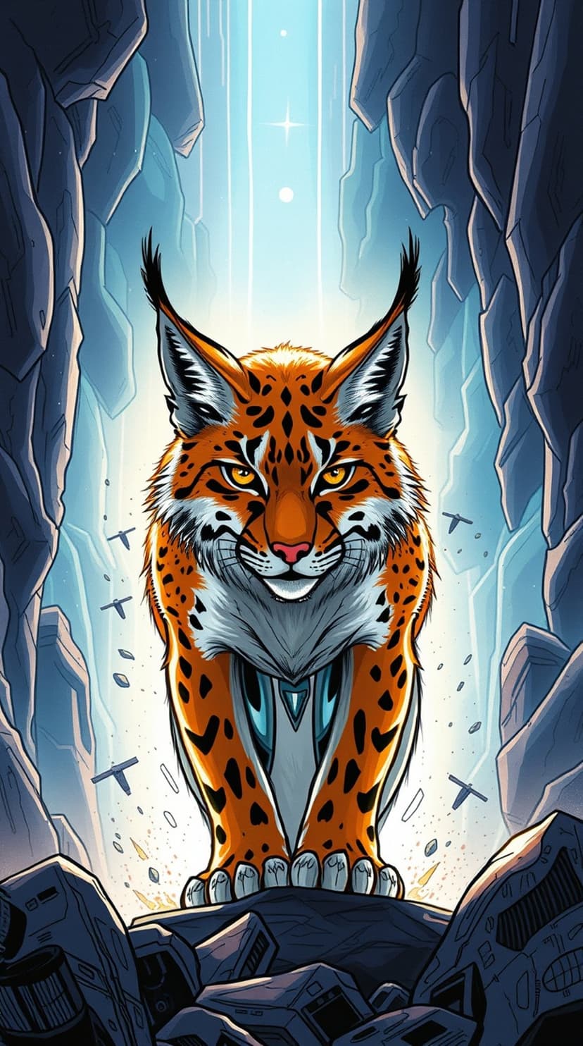 Mechanical lynx with orange markings and glowing yellow eyes stands on rocks inside a frozen sci-fi cavern.