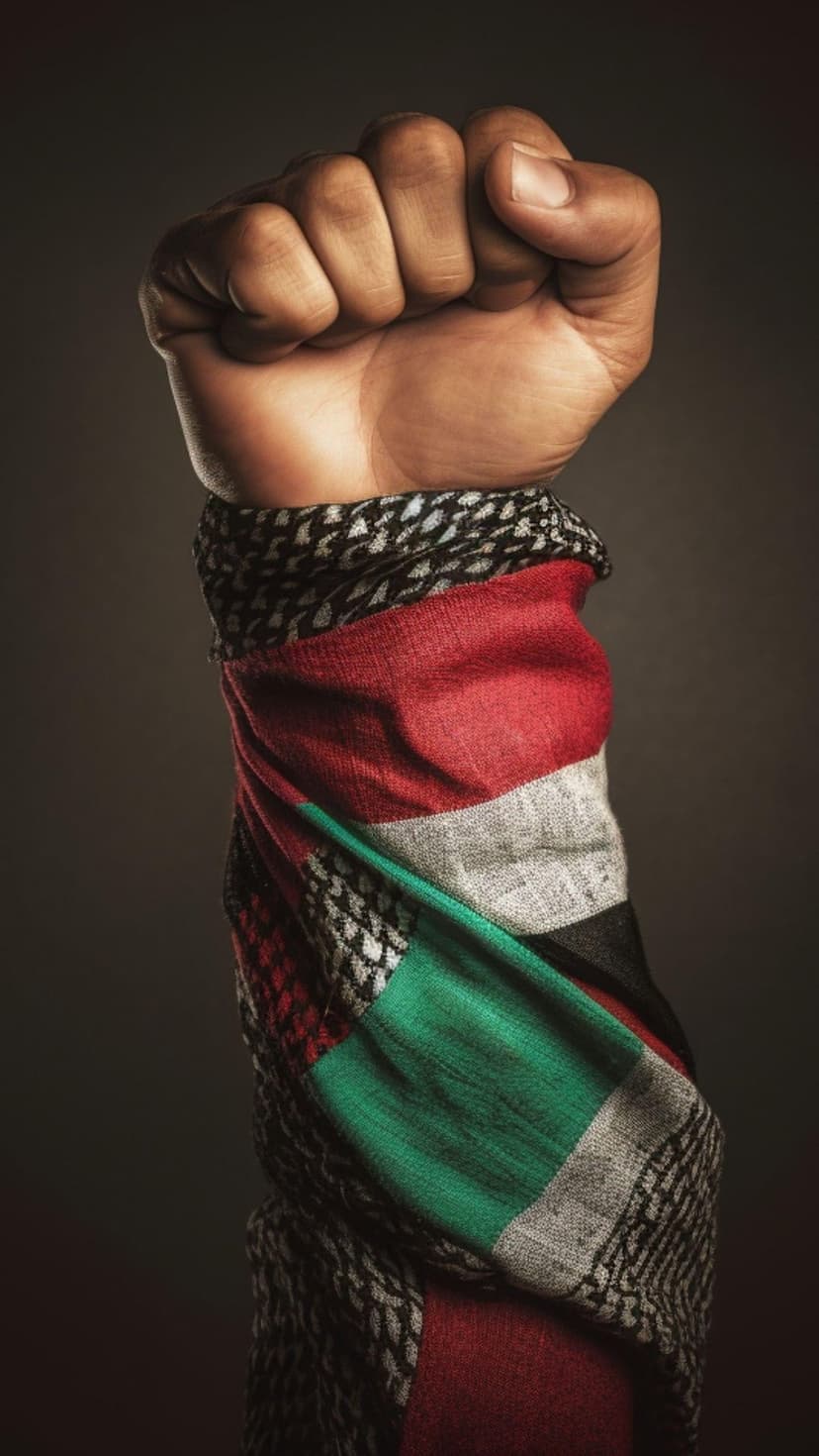 Raised fist wrapped in a black and white checkered keffiyeh with red and green accents under dark lighting.