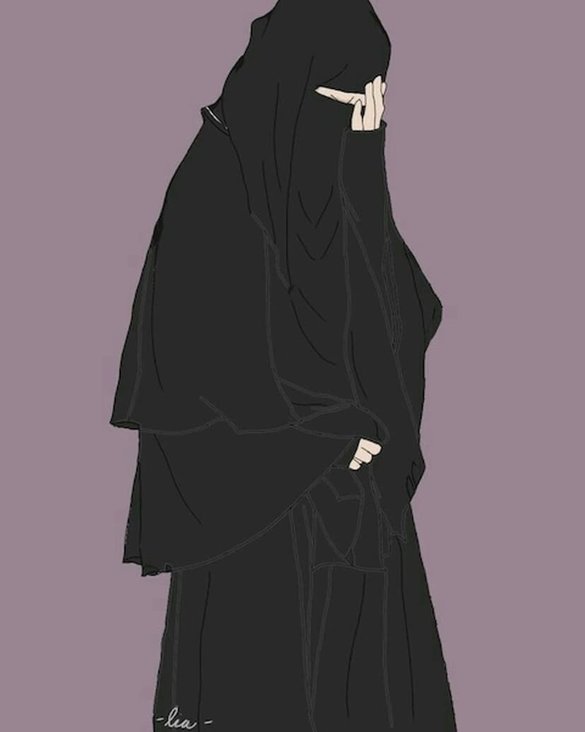 Woman in a black niqab and hijab touches her veil against a solid lavender background with her eyes visible.