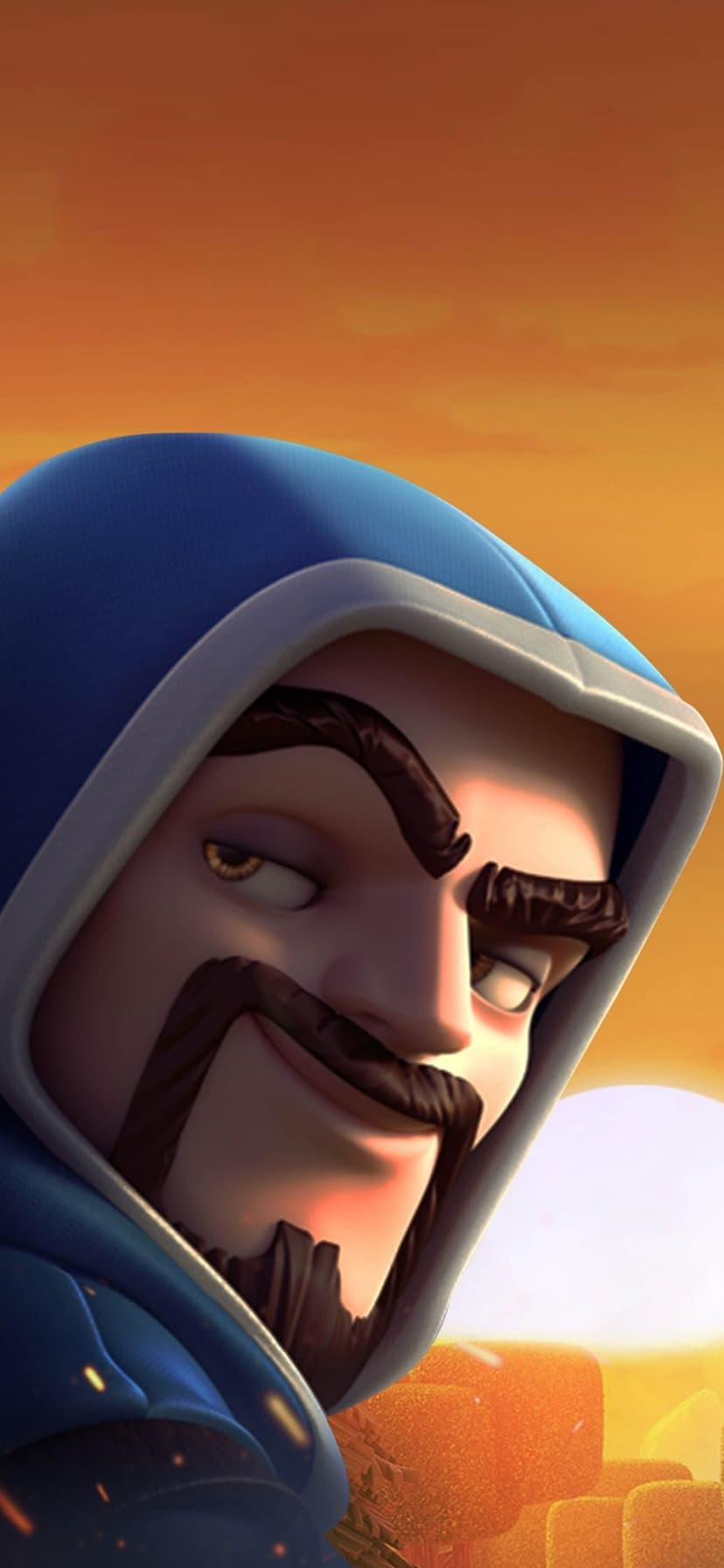 Wizard character with a blue hood and goatee smirking against a bright orange sunset in a mobile wallpaper layout.