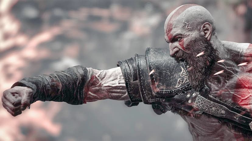 Kratos throws a powerful punch with an intense yelling expression against a blurred fiery cinematic background.