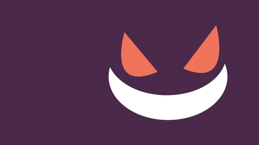 Sharp orange eyes and a wide white grin of a ghost face on a solid dark purple background.