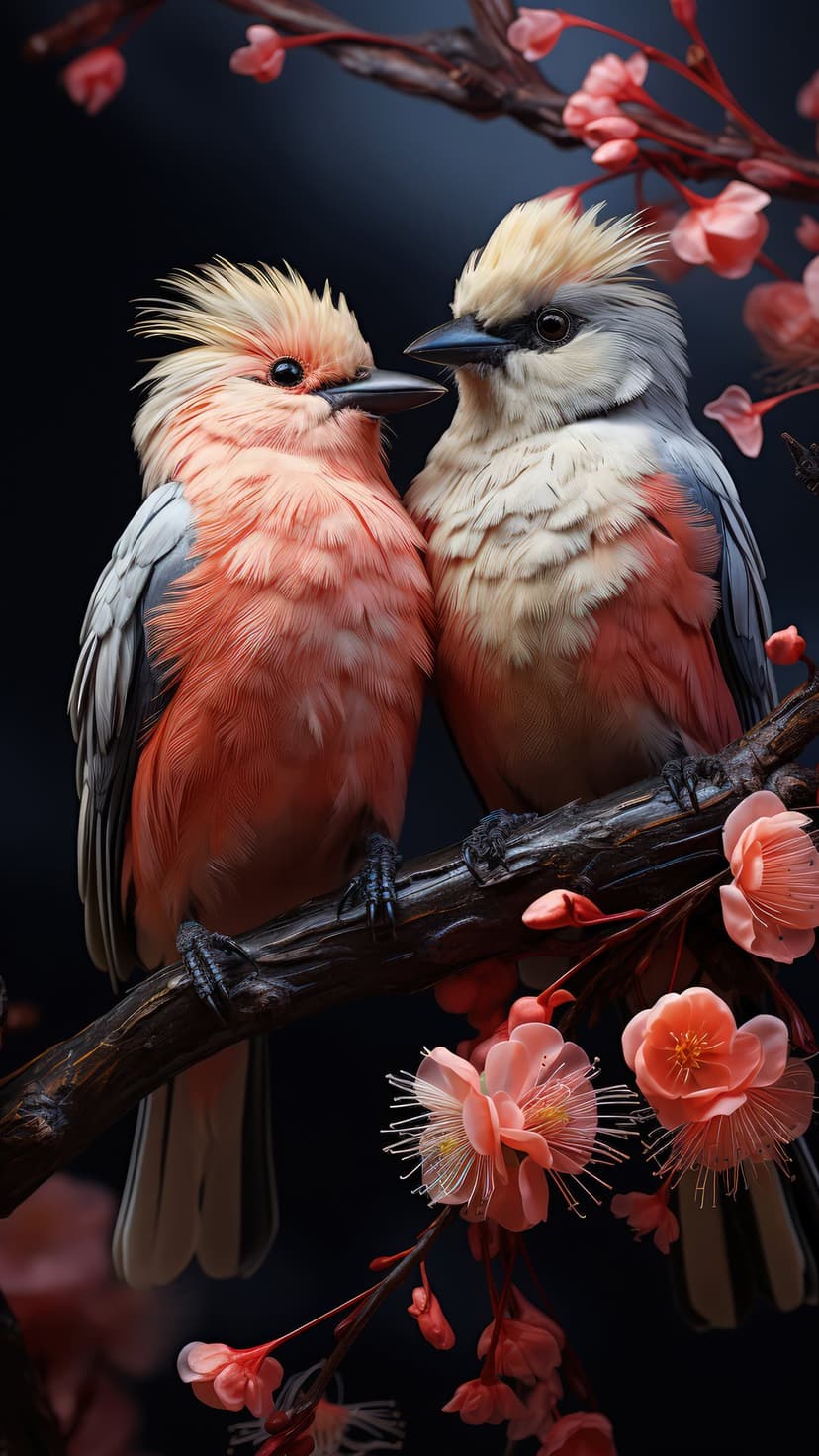 Two songbirds perch on a textured branch among pink blossoms against a dark, moody background in sharp detail.