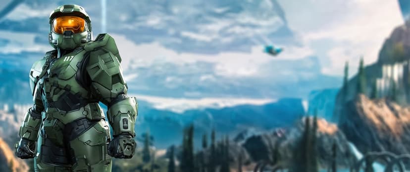 Master Chief in green armor stands against a blue mountain landscape on Zeta Halo with a glowing golden visor.
