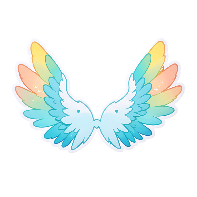 Rainbow wings sticker illustration with symmetrical pastel feathers, white outlines, and subtle sparkle effects.