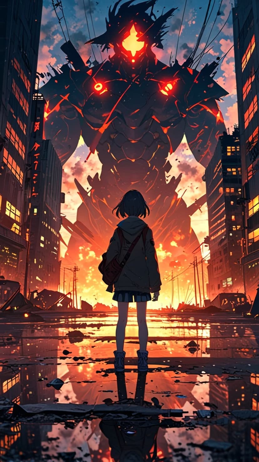 Dark haired girl faces a giant mechanical monster with fiery orange lights in a destroyed city during twilight.