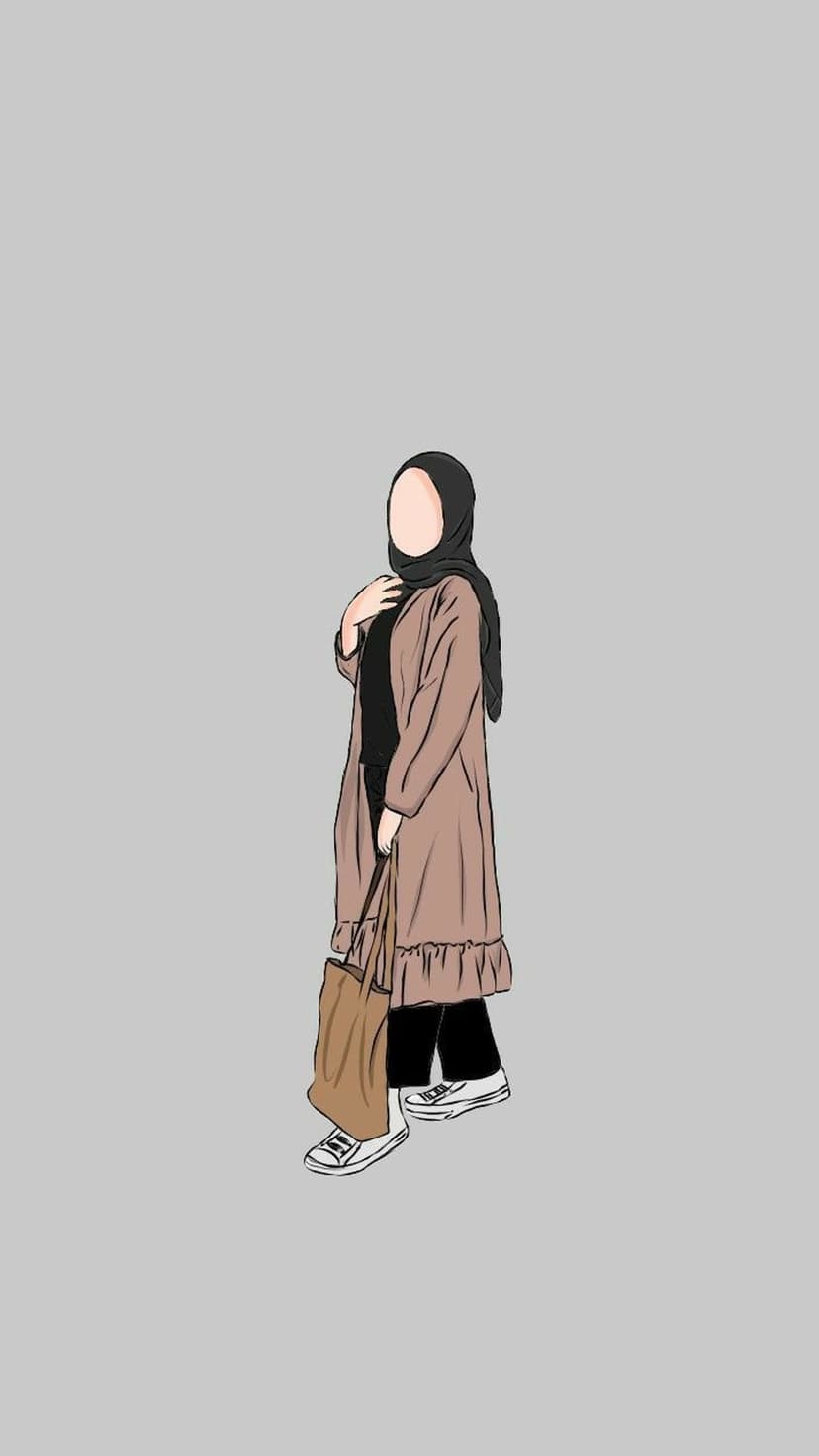 Muslim woman wearing a beige ruffled coat, black hijab, and white sneakers holding a tote against a gray wall.