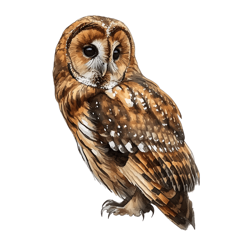 Tawny owl watercolor portrait with detailed brown speckled feathers and dark eyes against a black background.