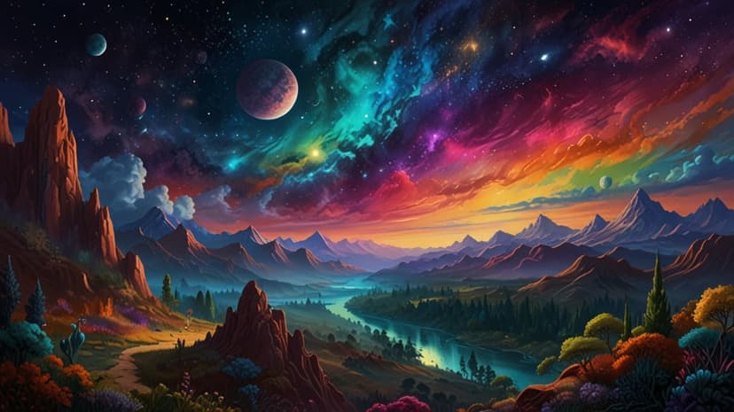 Red rocky mountains flank a green valley with a river under a bright turquoise and magenta nebula in outer space.
