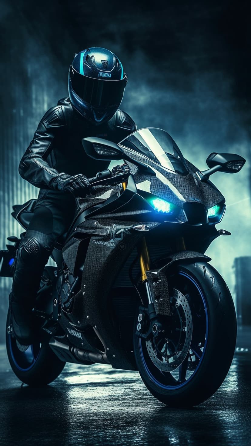 Biker in black leather riding a sportbike with glowing blue headlights through a smoky urban setting at night.