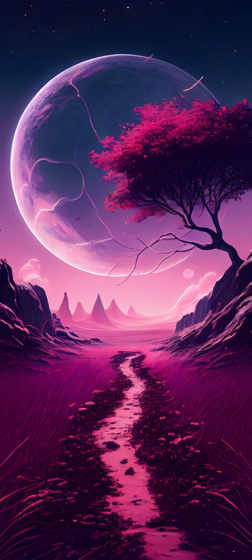 Pink tree on a rocky cliff faces a cracked moon and jagged mountains beneath a starry, magenta sky.