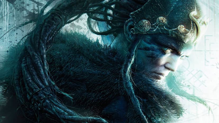 Senua warrior with blue war paint and ornate headpiece against a dark teal background with runes and textures.