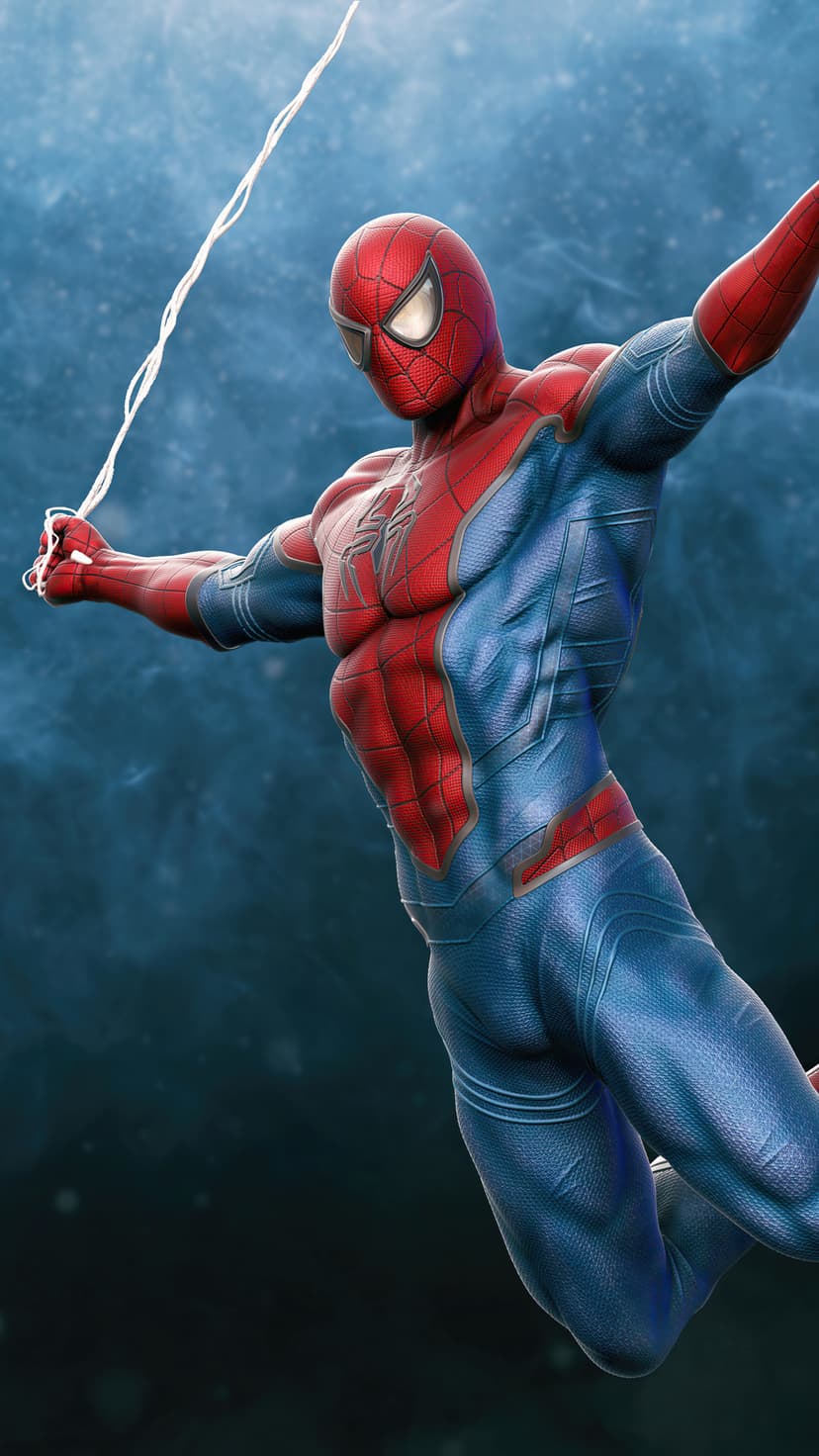 Spider-Man in a textured red and blue suit swings mid-air on a web against a blurred blue sky background.