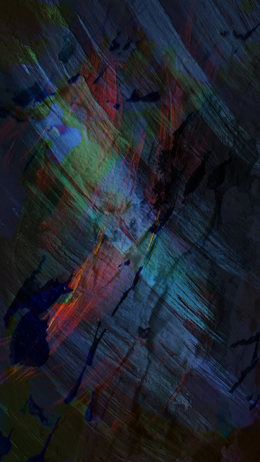 Bold red and blue brush strokes overlap with green textures to create a sense of movement and layered depth.