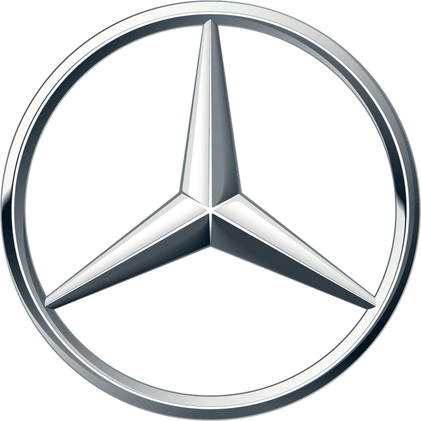 Mercedes Benz logo featuring a silver three-pointed star within a polished chrome circle on transparent background.