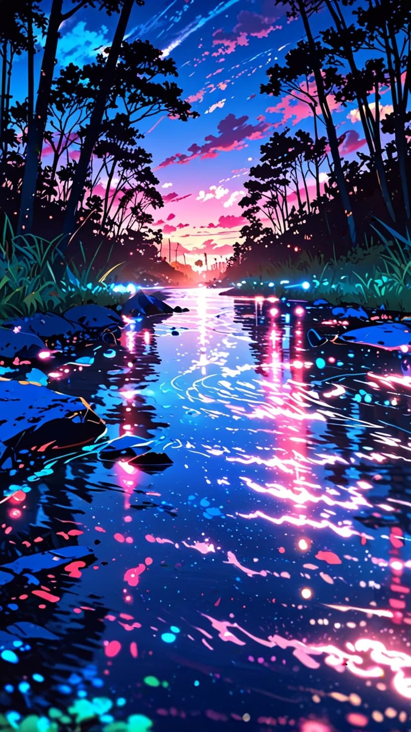 Glowing pink and cyan river water flows between silhouetted trees under a dramatic sunset sky with light streaks.