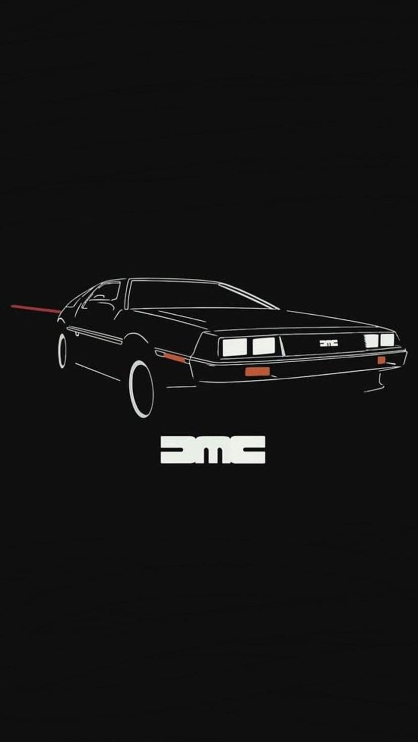 DeLorean DMC-12 white car outline features a red motion streak and logo centered on a solid black background.