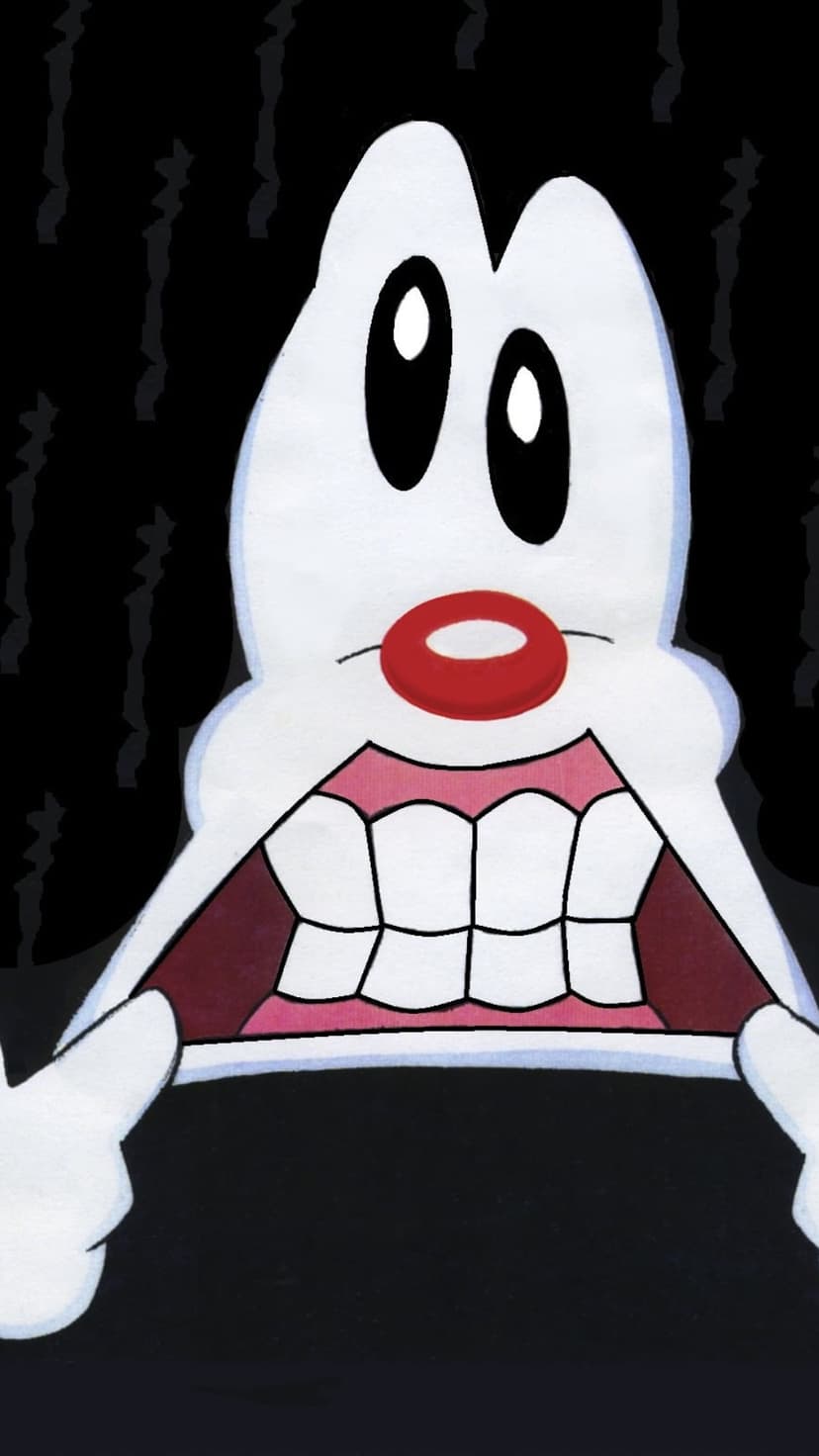Grinning cartoon face with a red nose, large black eyes, and white gloved hands against a dark background.