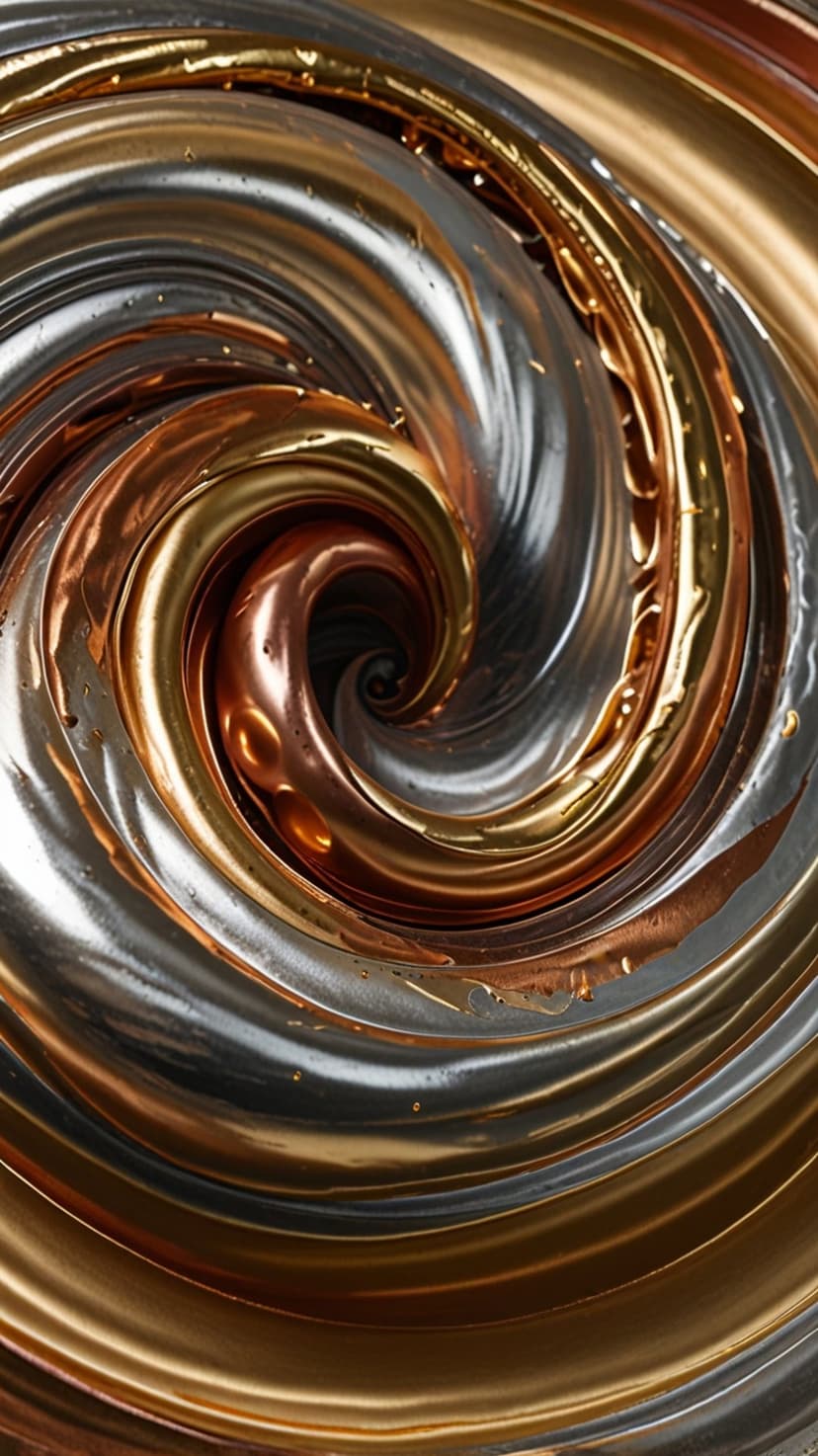 Swirling vortex of polished gold and silver metallic ribbons with reflective highlights and liquid textures.